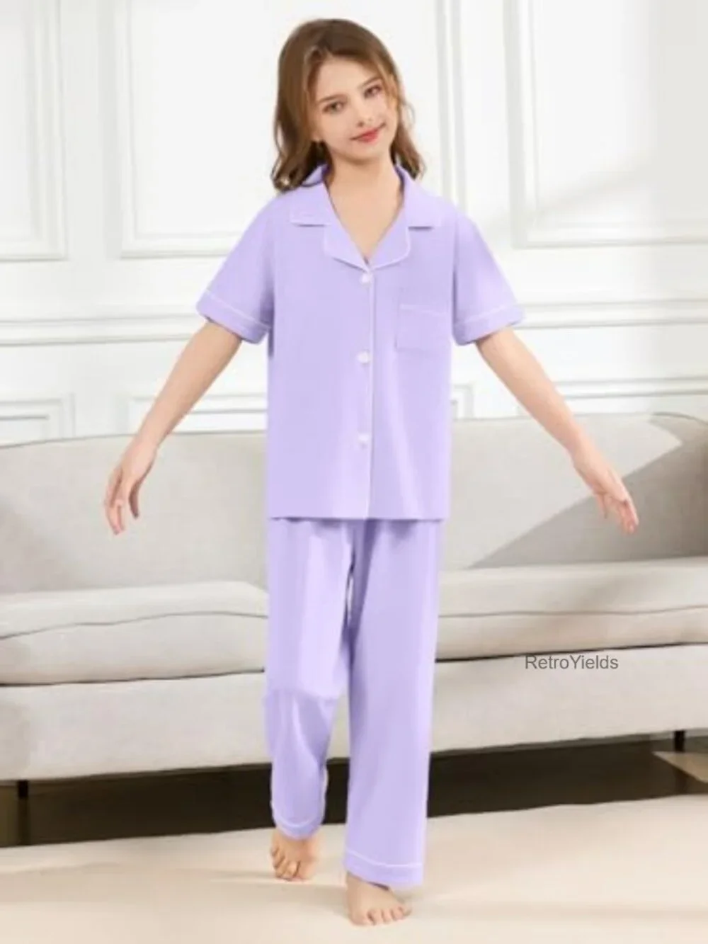 Girls Cotton Stretch Pajama Set 3 Piece Button Down Short Sleeve Sleepwear